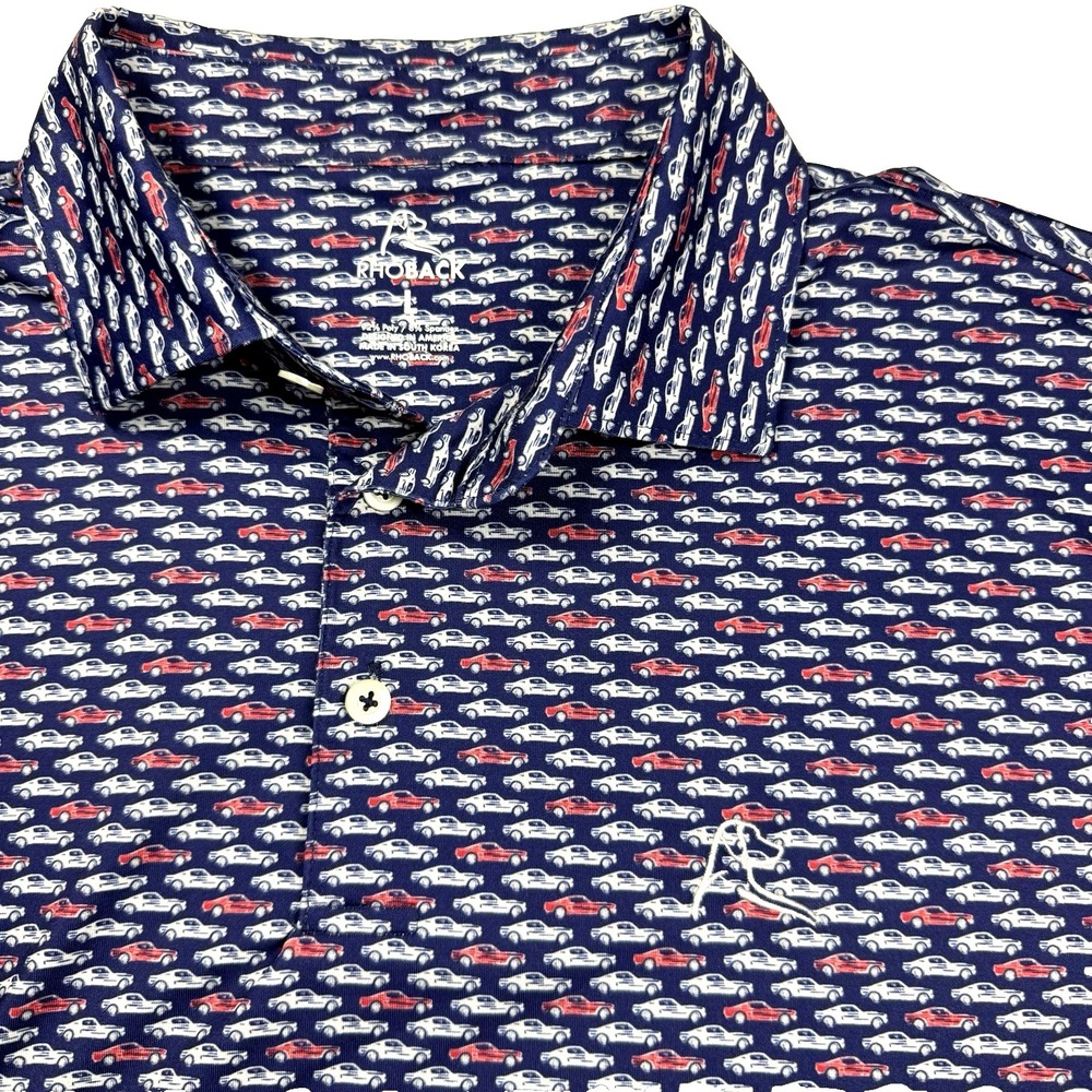 Rhoback RARE Golf Polo Mens L Ford Mustang Muscle Car Print USA 4th July Auto